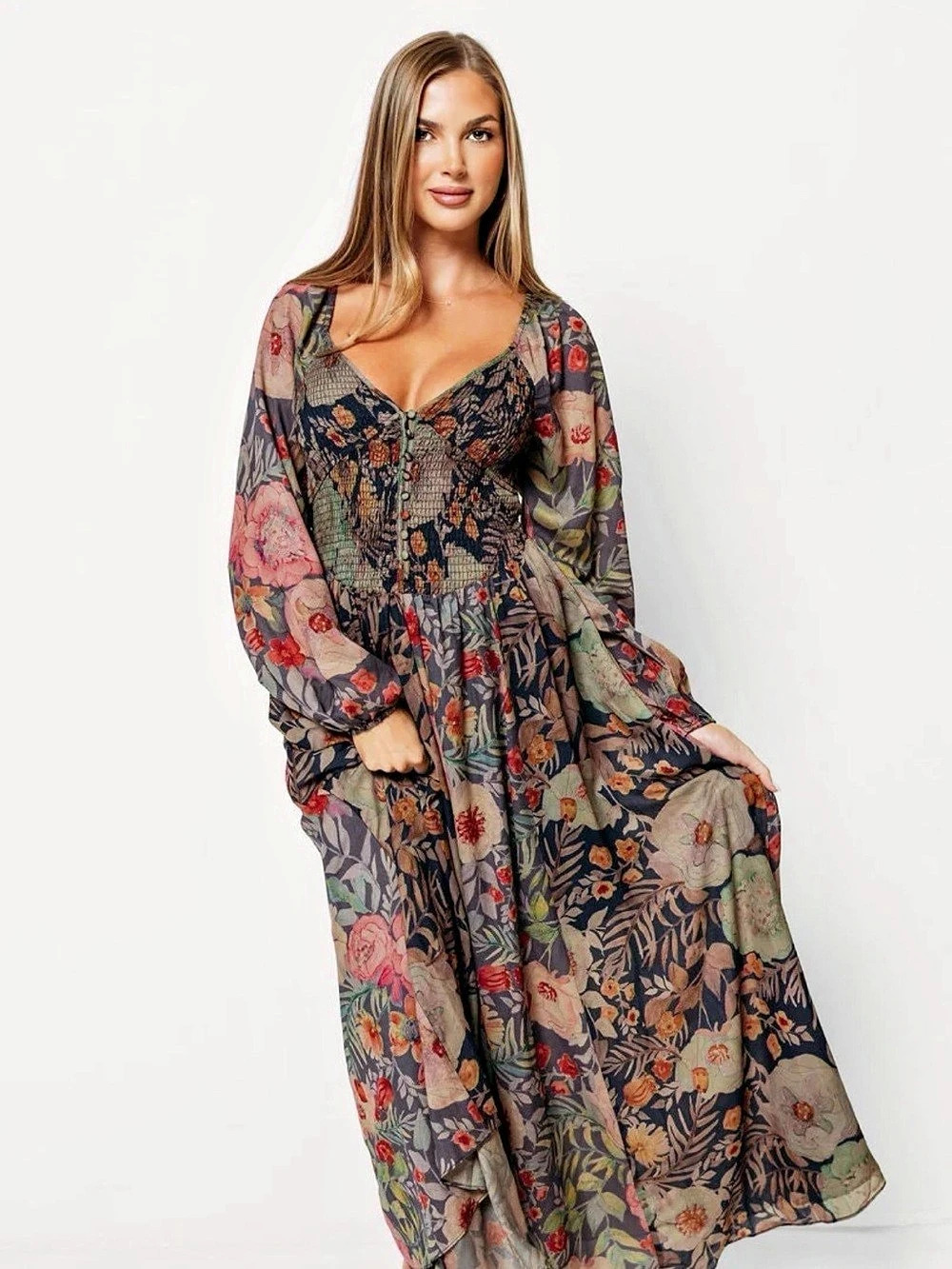 Worth Collective Steph Smocked Button-Front Maxi Dress Floral Maxi Dress in Blue